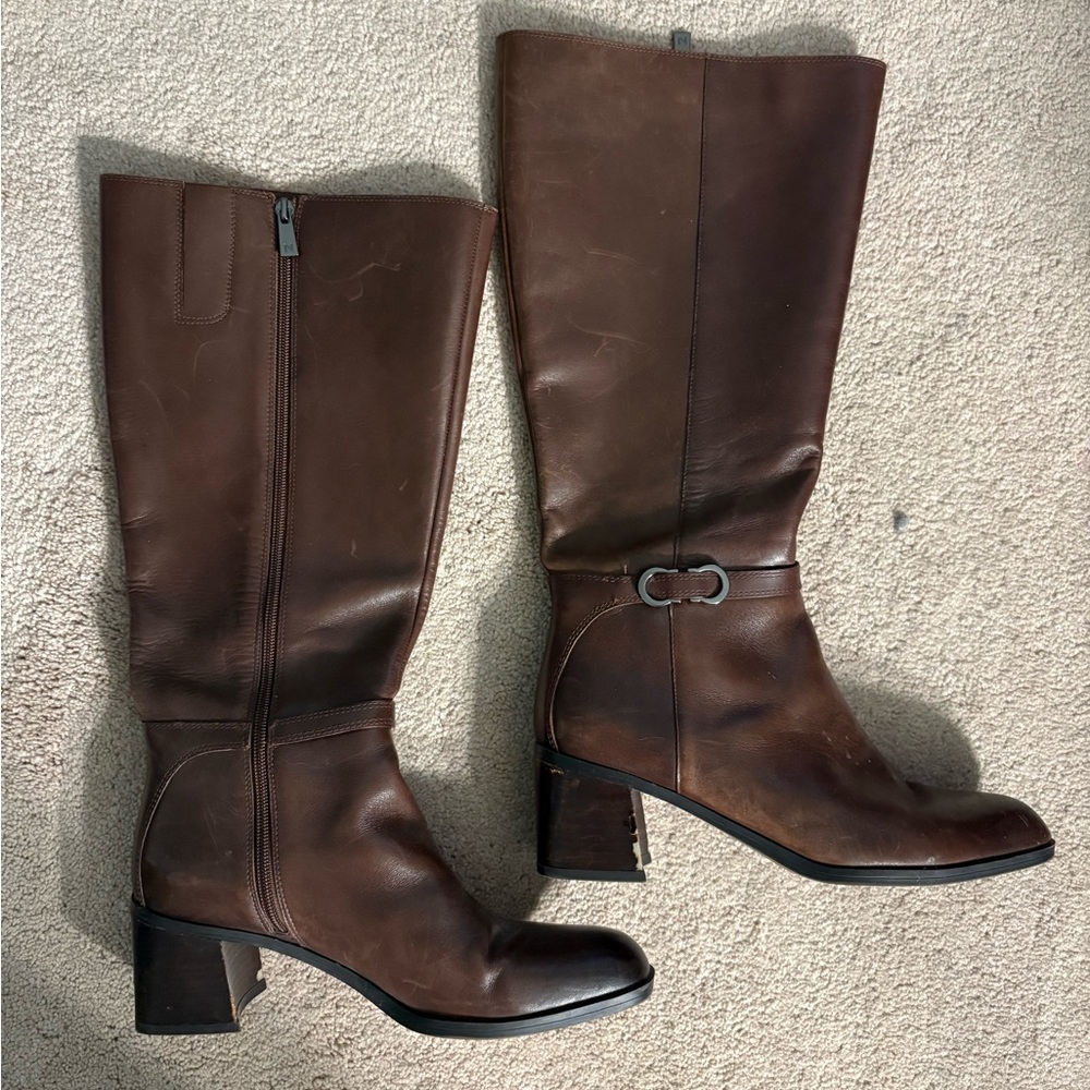 Brown Leather Knee High Riding Boots Wide Calf